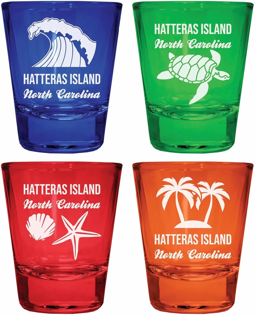 R and R Imports Hatteras Island North Carolina Souvenir 4-Pack Multicolor Engraved Round Shot Glasses Beach Set
