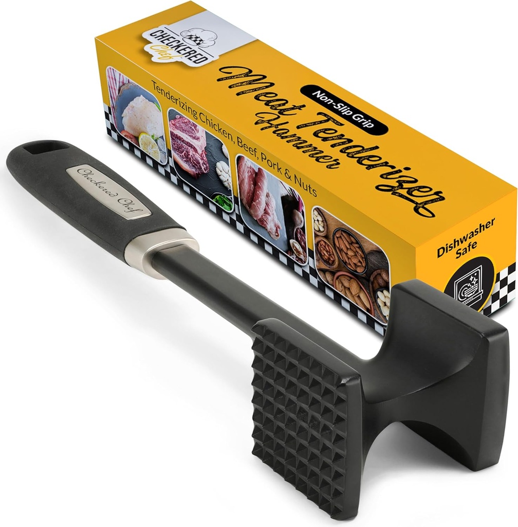 ﻿Checkered Chef Meat Tenderizer Tool - Dishwasher Safe Metal Kitchen Mallet for Tenderizing Chicken, Beef, Pork & Nuts with Non-Slip Grip