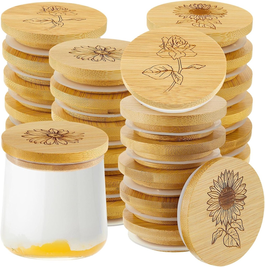 Gueevin 24 Pieces Yogurt Jar Lids Bulk Bamboo Wooden Lids Set Compatible with Oui Yogurt Jars Round Reusable with Silicone Sealing Rings Brave Flower Rose Sunflower Daisy for Kitchen Food Storage