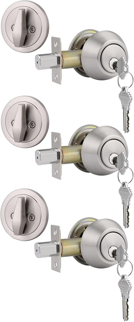 Gobrico 3 Satin Nickel Keyed Alike Keyed Single Deadbolts Door Locks with Same Key, Entry Front Door Round Cylinder Deadbolt Locksets, Thumb-Turn Button Inside