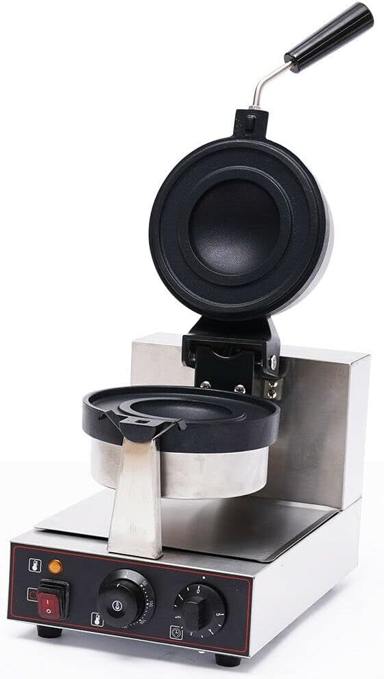 Commercial Round Waffle Maker Non-stick Electric Flip Waffle Iron 1000W with 50~300℃ Adjustable Temperature and Hamburger Shape for Bakeries Snack Bar Family