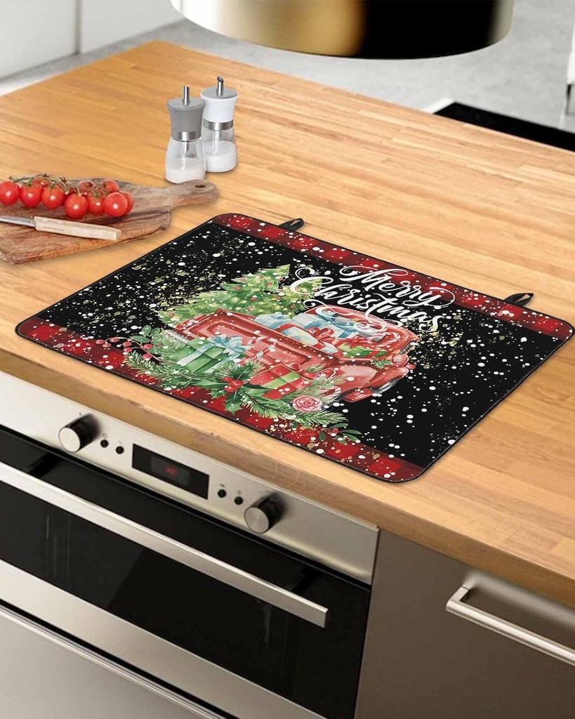Christmas Countertop Burners Protection Mats for Kitchen, Christmas Tree Truck with Gift Red Plaid Rubber Stove Top Cover Mat, Heat Proof Mats Cooktop Cover for Counter Dish Drying Mat, 31"x24"
