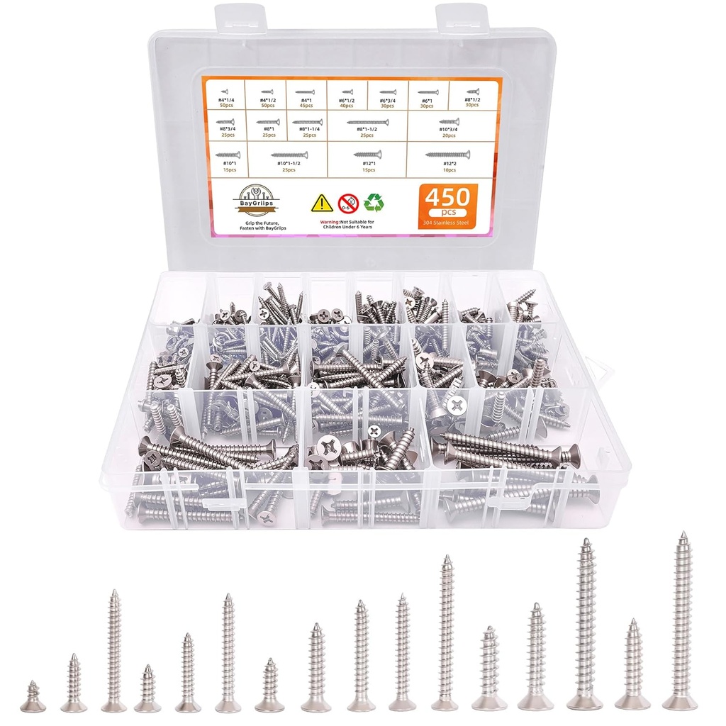 450-Piece Stainless Steel Wood & Sheet Metal Screw Assortment – #4 to #12 Phillips Flat Head Self-Tapping Screws (1/4" to 2")