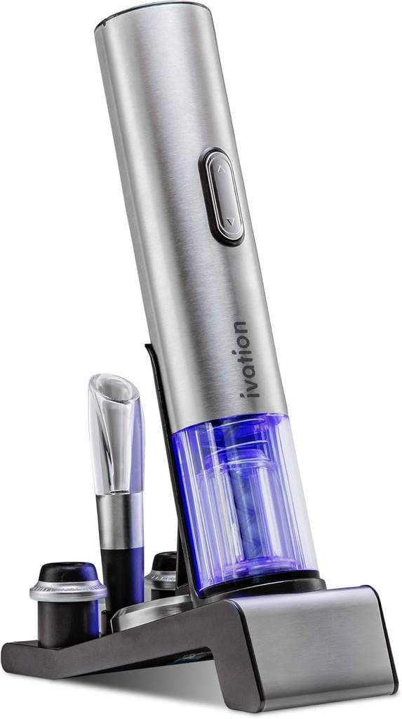 Ivation 6-in-1 Wine Gift Set – Includes Stainless Steel Electric Opener, Vacuum Preserver, 2 Cork Stoppers, Foil Cutter & Charging Base