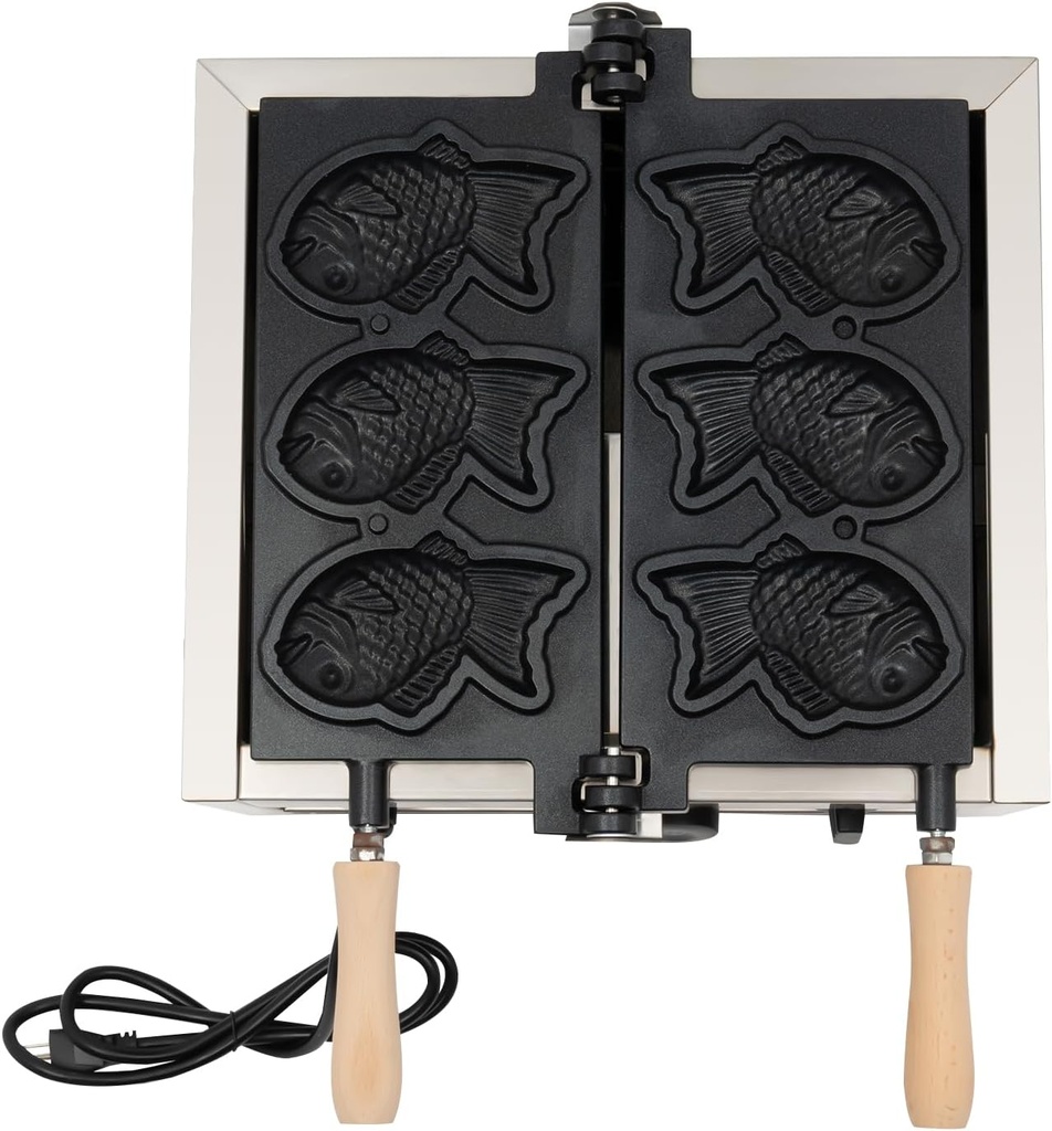 Taiyaki Fish Waffle Maker, Commercial 1500W Electric Taiyaki Maker 3 Fish-shaped Nonstick Waffle Making Machine Stainless Steel Rotating Taiyaki Maker Temperature and Time Control (3 Slots)