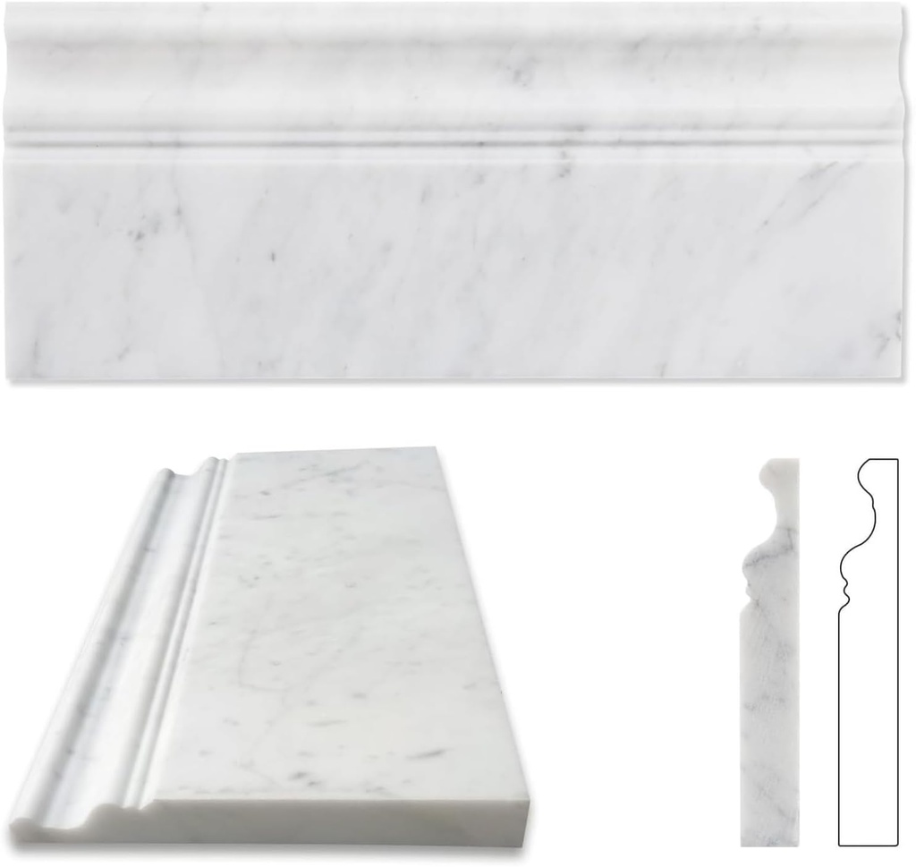 Diflart 4-Pack Carrara White Marble Baseboard Trim Molding, 5x12 Inch, Polished, Marble Wall Skirting Base Trim Moulding for Shower Bathroom Wall Kitchen Backsplash