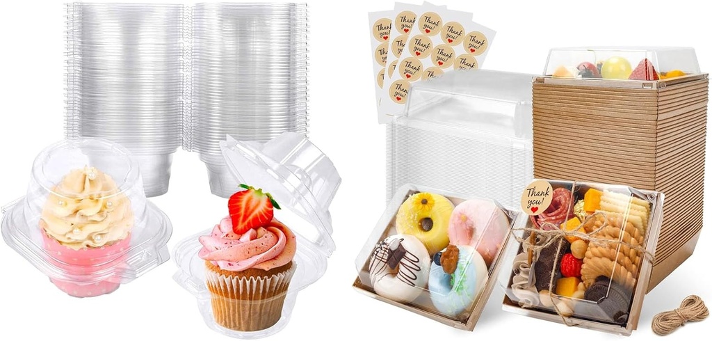 Bundle of 25 Pack Cupcake Containers and 50 Pack Charcuterie Boxes for Dessert Cookie Sandwich Cake