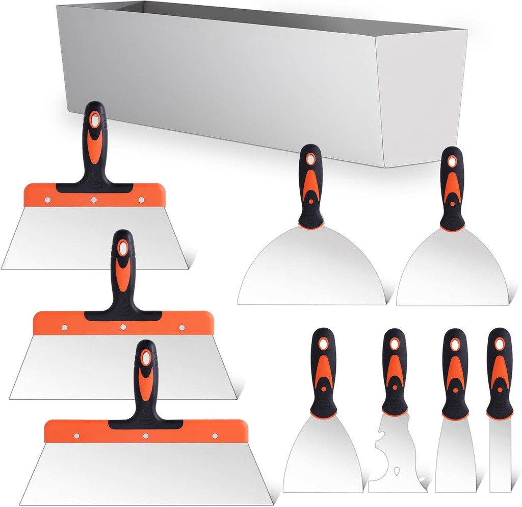 Drywall Knife Set, 10Pcs Drywall Tools Includes Stainless Steel Putty Set, Taping knife, Painter Scraper Tool & 14" Mud Pan Perfect for Joint Taping, Finishing and Patching