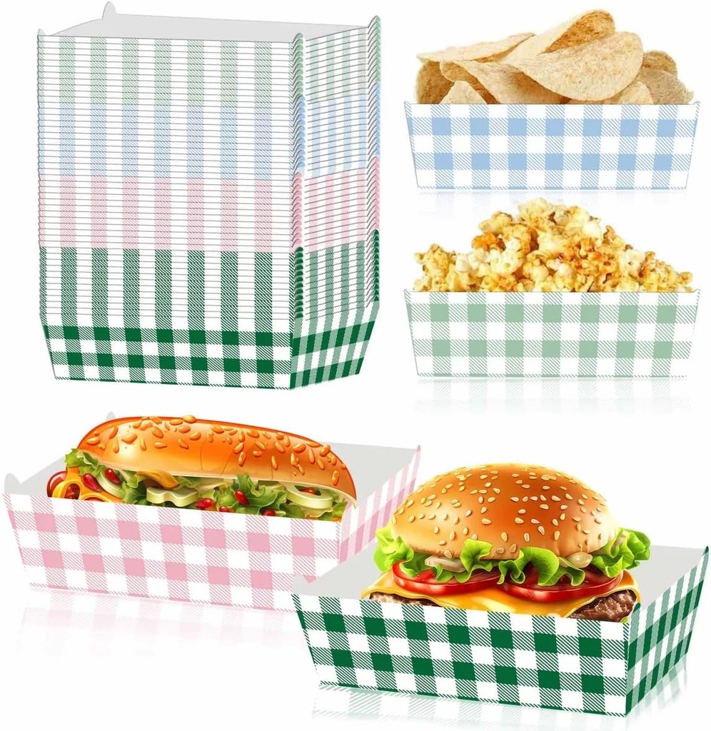 48 Pcs Camp Gingham Food Trays Blue Pink and Green Gingham Party Supplies Disposable Serving Tray Nacho Trays Food Boats for Camp Bachelorette Party Decorations Camp Picnic Decor