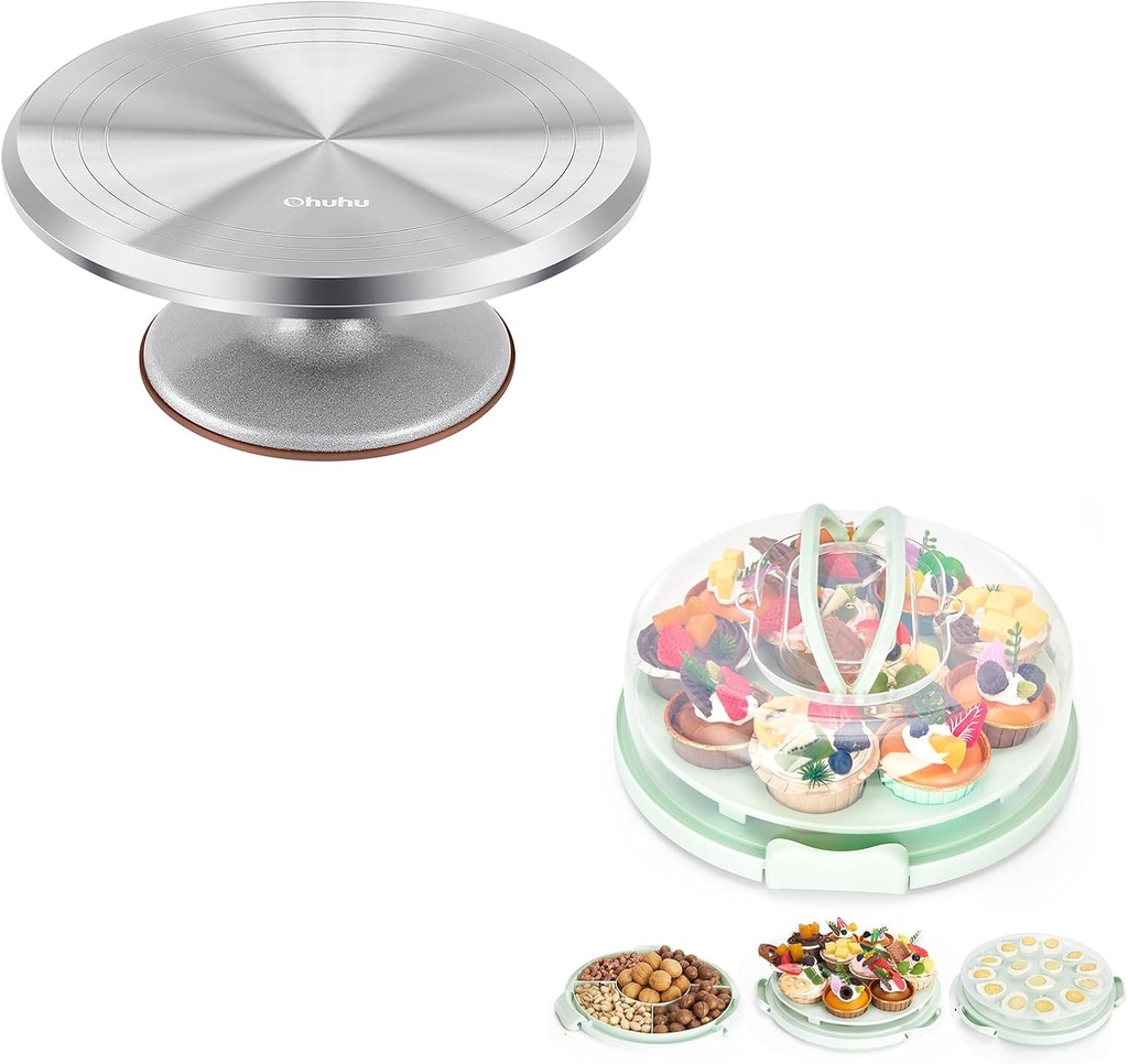 Cake Stand, Ohuhu Premium Aluminium 12''Cake Turntable Decorating Bakery Supplies+Cheesecake Container, Pie Cake Carrier BPA-Free up to 10'' Cake - Cupcake Container with Lid and 2 Handles