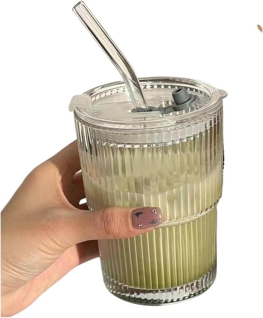 Coffee Mug 1/2PCS Stripe Glass Cup with Lid and Straw Transparent Glasses Drinkware Cup Ice Coffee Mug Tea Milk Juice Water Cup Glass Mug(1pcs with Lid)