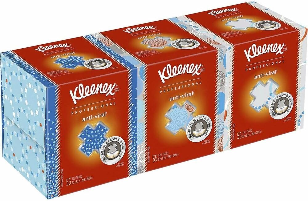Kleenex Professional Anti-Viral Facial Tissue, Bulk (21286), 3-Ply, White, Upright Cube Boxed Format, Designed for Business (55 Tissues/Box, 3 Boxes)