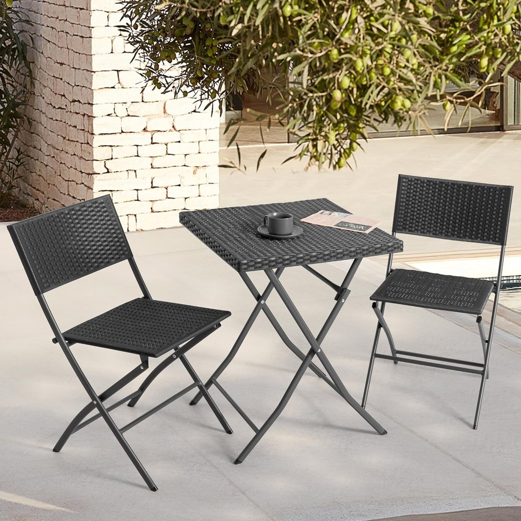 NUU GARDEN Patio Set for 2 Folding Bistro Set Outdoor, Weather-Resistant PP Rattan Small Patio Table and Chairs, 3 Piece Folding Patio Furniture Set, Black