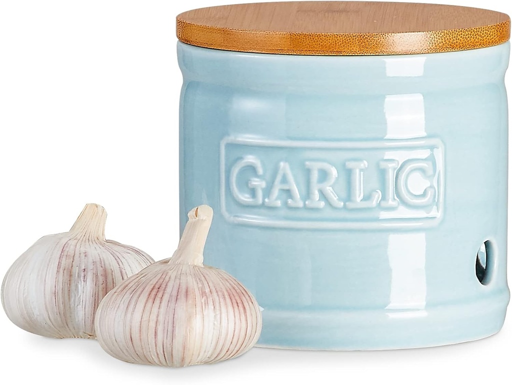 ONEMORE Garlic Keeper with Lid, Ceramic Garlic Saver 4 inch, Light Blue