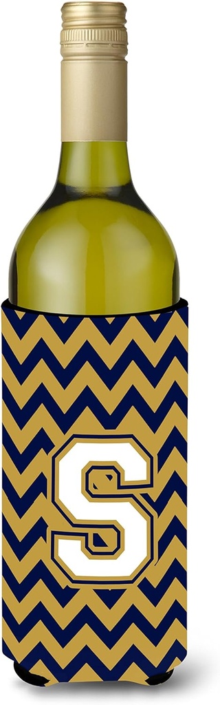 Caroline's Treasures CJ1057-SLITERK Letter S Chevron Navy Blue and Gold Wine Bottle Hugger Bottle Cooler Sleeve Hugger Machine Washable Collapsible Insulator Beverage Insulated Holder