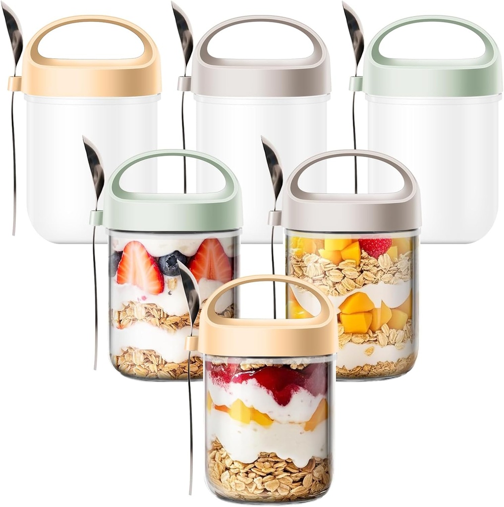 Oatmeal Jars with Lids Overnight Glass, 15oz Wide Mouth Breakfast Jars with Spoons – Perfect Breakfast Bottles for Oatmeal/Chia Seeds/Fruit (6 pcs)