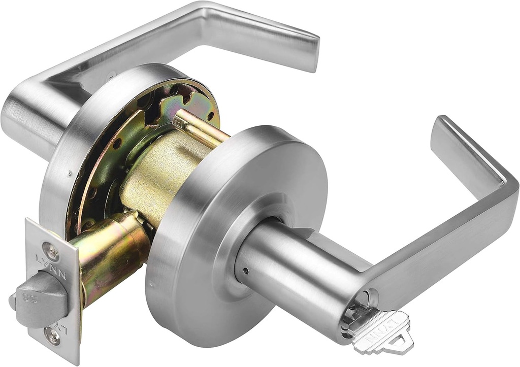 LYNN HARDWARE Commercial Door Lever Lock - Heavy-Duty Locking Door Handle, Designer Door Handles, Cylindrical Lever Lock, Non-Handed Grade 2 Door Handle, Satin Chrome, Entrance/Keylock