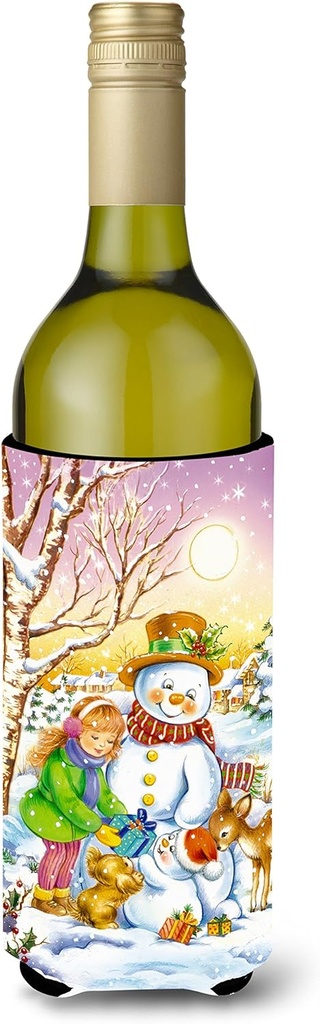 Caroline's Treasures APH3544LITERK Girl and Animals with Snowman Wine Bottle Hugger Bottle Cooler Sleeve Hugger Machine Washable Collapsible Insulator Beverage Insulated Holder