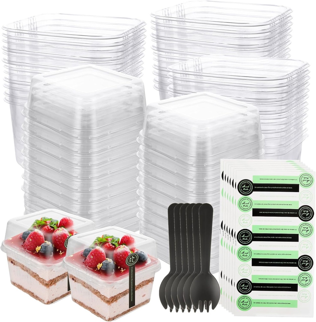 JMIATRY 100 Pack Plastic Tiramisu Containers with Lid 8 oz Square Plastic Dessert Cups with Lids and Spoons Clear Disposable Yogurt Parfait Cups 8 oz Tiramisu Cups for Cupcake Mousse Yogurt Pudding