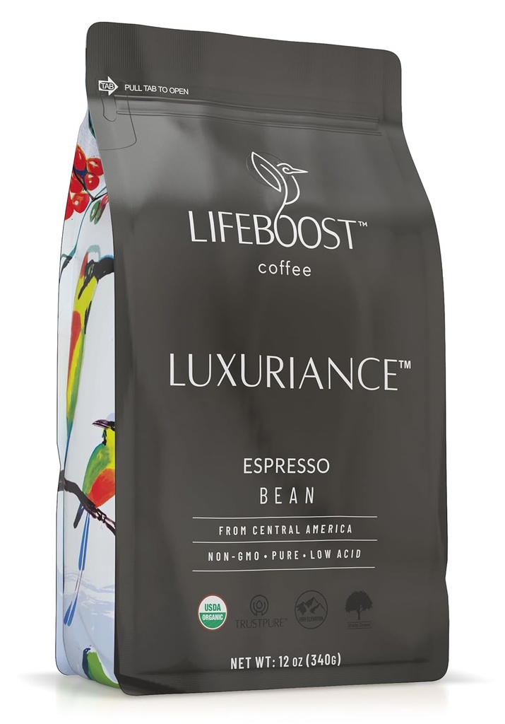 Lifeboost Organic Espresso Beans Whole – USDA Organic, Low Acid, Mold-Free Dark Roast Coffee – Whole Bean, Single Origin, High Caffeine Arabica – 12 oz Bag