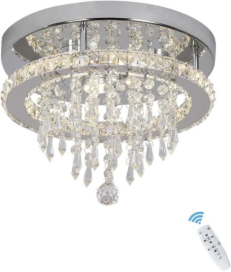 Deckrico Modern K9 Crystal Chandelier with Remote Control Stainless Steel Pendant Lamp Flush Mount Light Fixtures for Dining Room Bathroom Bedroom Living Room (Dimmable)