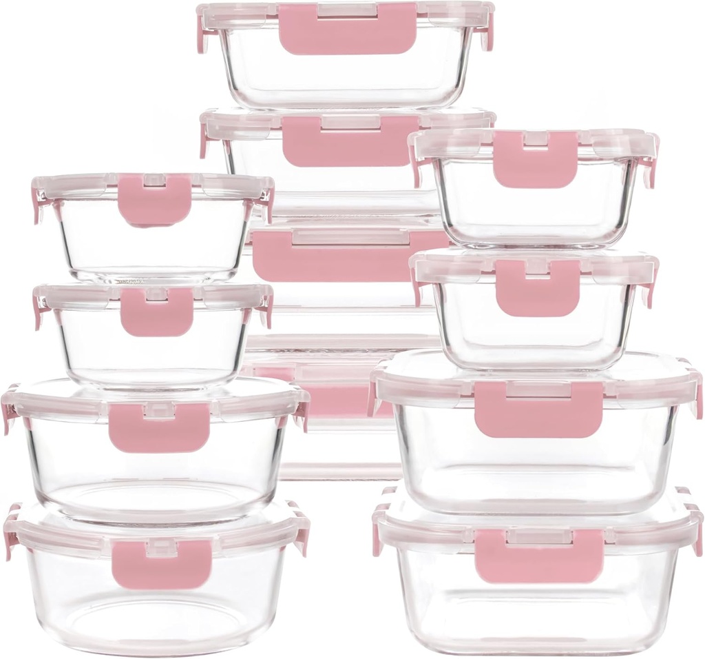 12 Pack Glass Storage Containers with Lids, Glass Meal Prep Containers Set, Airtight Food Storage Containers, Pink