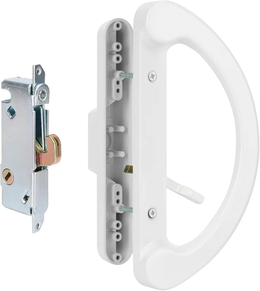 Patio Door Handle Set with Mortise Lock 45° for Replacement Mortise Style Reversible Design Non-keyed Sliding Patio Glass Door Handles, Fits 3-15/16” Screw Hole Spacing White Finish