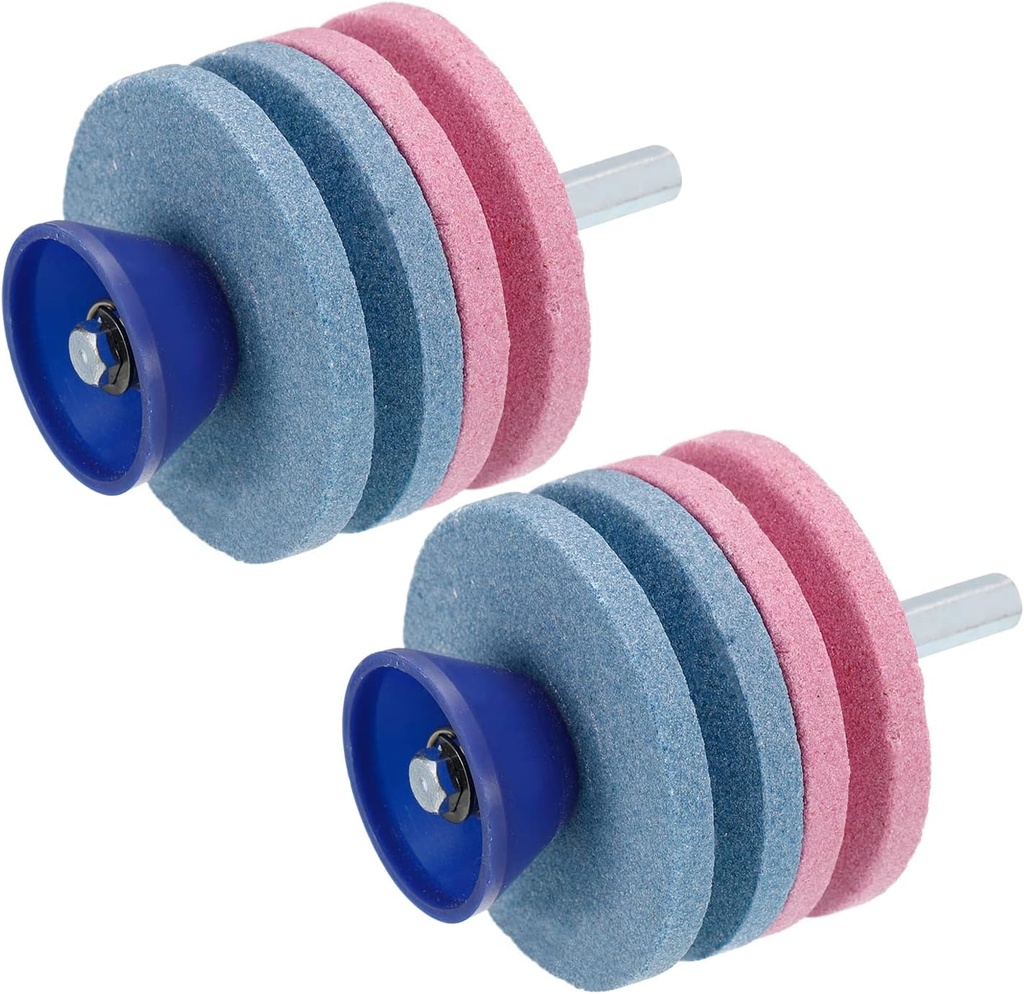 uxcell Lawn Mower Blade Sharpener, 2Pcs Universal Double Layer Corundum Mower Blade Grinder Stone Wheel for Power Drill Hand Drill, Blue/Pink