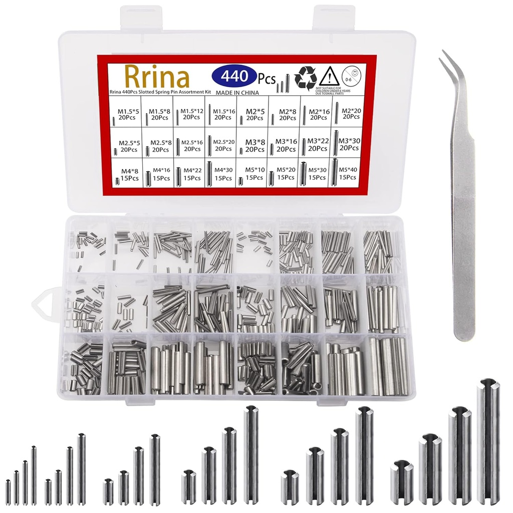 440Pcs 304 Stainless Steel Slotted Spring Pin Assortment Kit, M1.5 M2 M2.5 M3 M4 M5 Split Expansion Dowel Tension Roll Pins