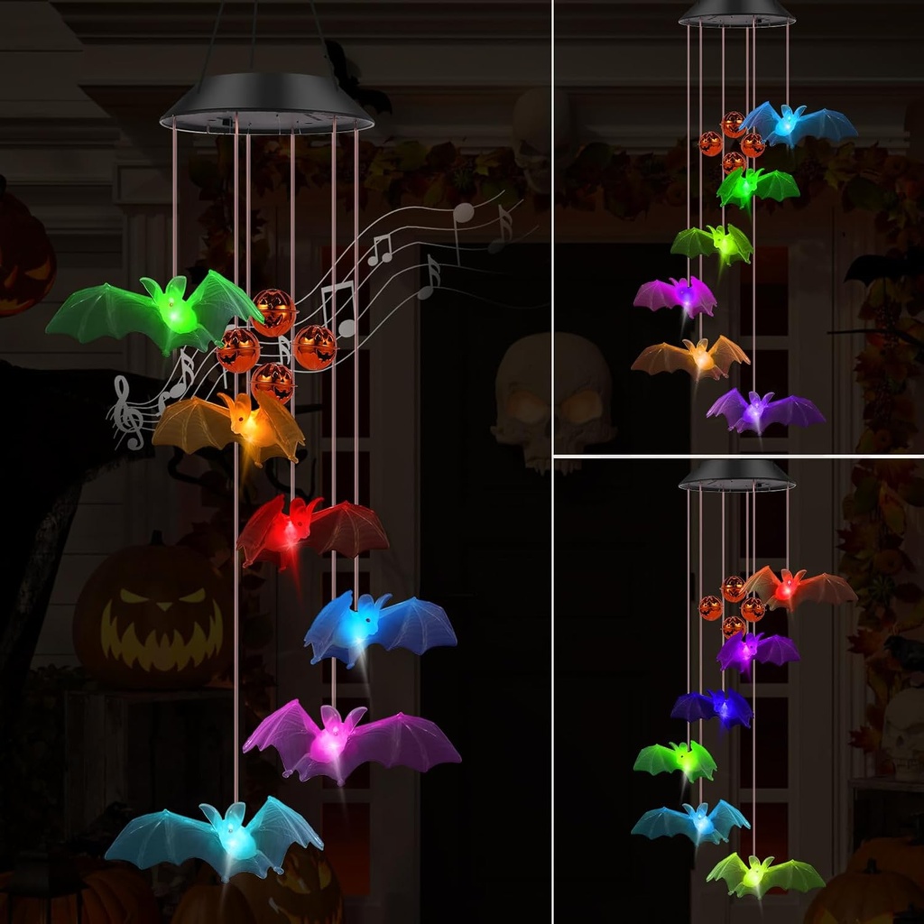 Bat Solar Light Wind Chimes for Outside Easter Decoration, Color Changing Halloween Lights Wind Chimes with Pumpkin Bells,Bat Solar Chimes Outdoor Waterproof for Garden Patio Yard Porch Party Decor