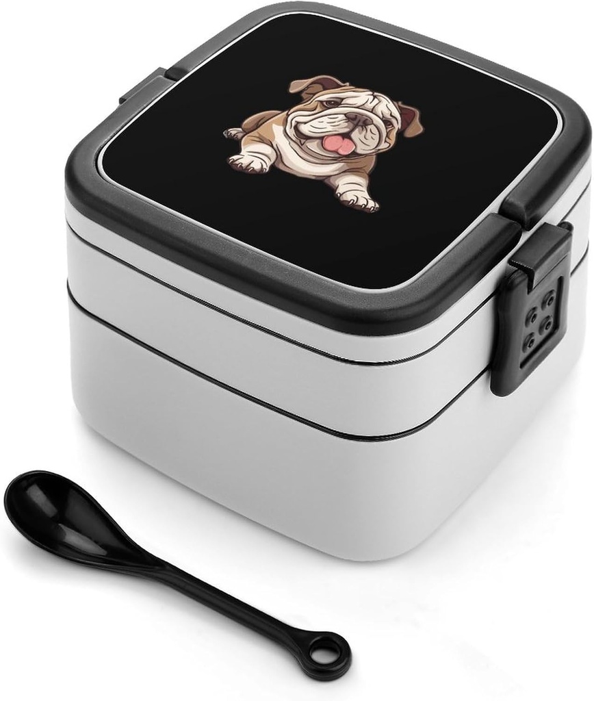 Generic English Bulldog Double Layer Bento Box Portable Lunch Box Lunch Storag Container with Spoon