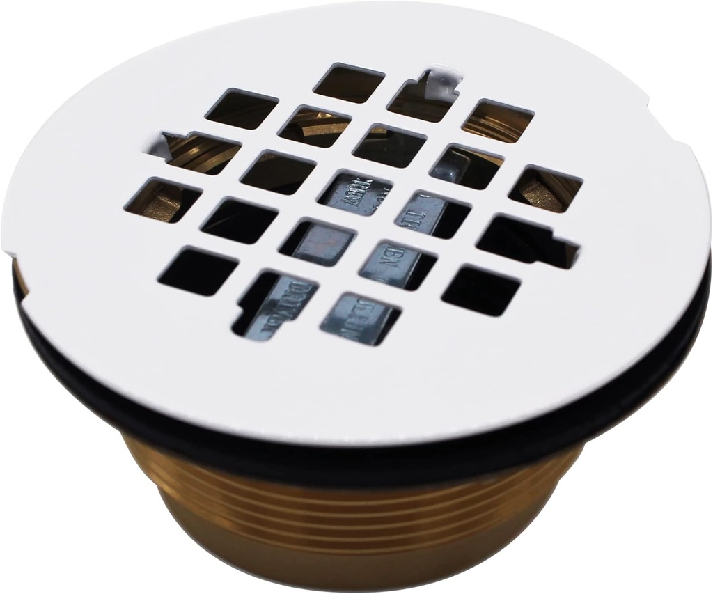 Westbrass D206B-50 2" No-Caulk Brass Compression Shower Drain with 4-1/4" Round Grid Cover, 1-Pack, Powder Coat White