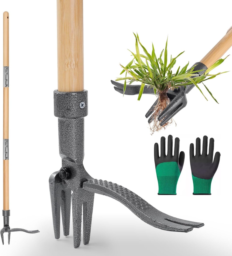 Weed Puller Stand-Up Weed Puller Tool with Long Handle & 4-Claw Steel Head Manual Weed Remover Tool for Lawn and Garden (Bamboo)