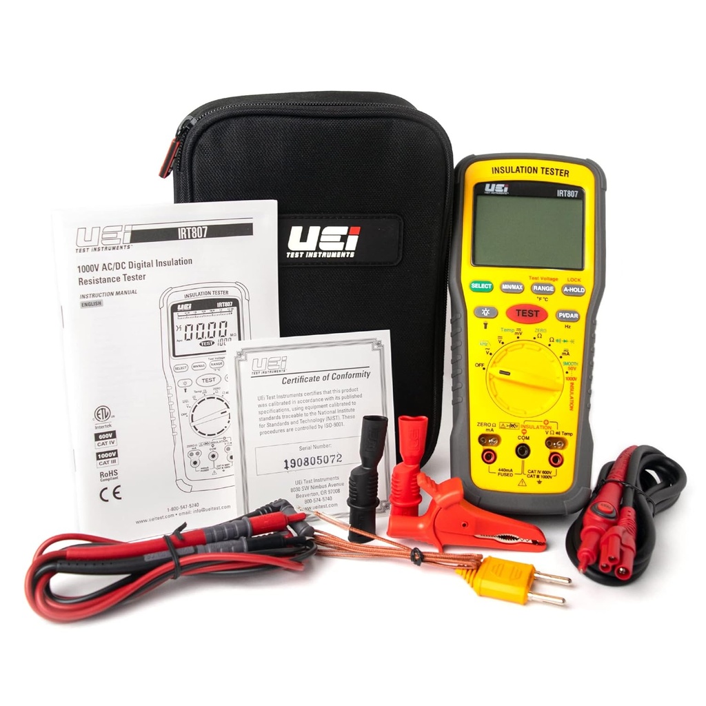 UEi IRT807 Insulation Resistance Tester 1000V AC/DC, Advanced Megohmmeter Measures Insulation Resistance Up to 2GΩ, Voltage Testing Up to 1000V