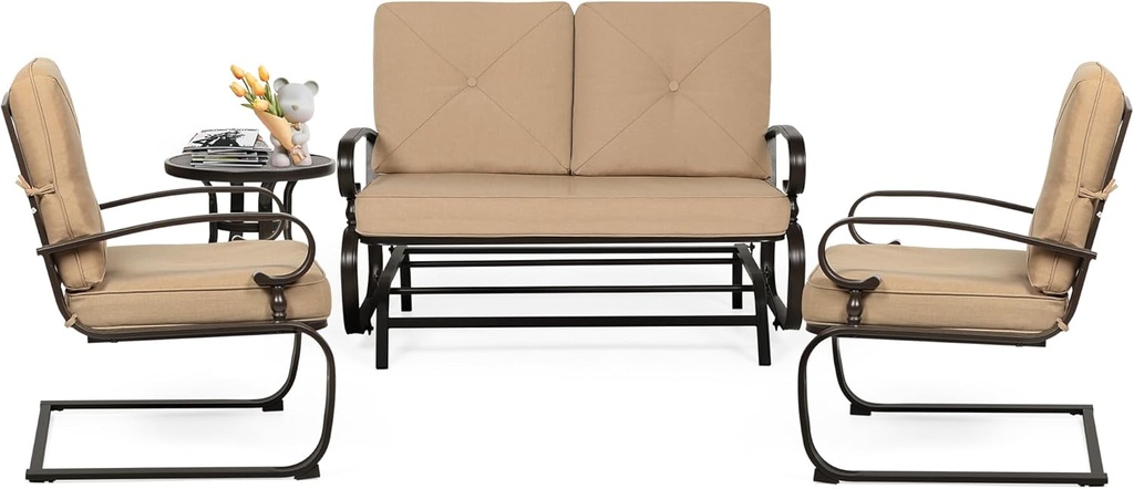 4Pcs Outdoor Furniture Patio Conversation Set, Glider Loveseat, 2 Spring Chairs with Coffee Table with Brown Cushion