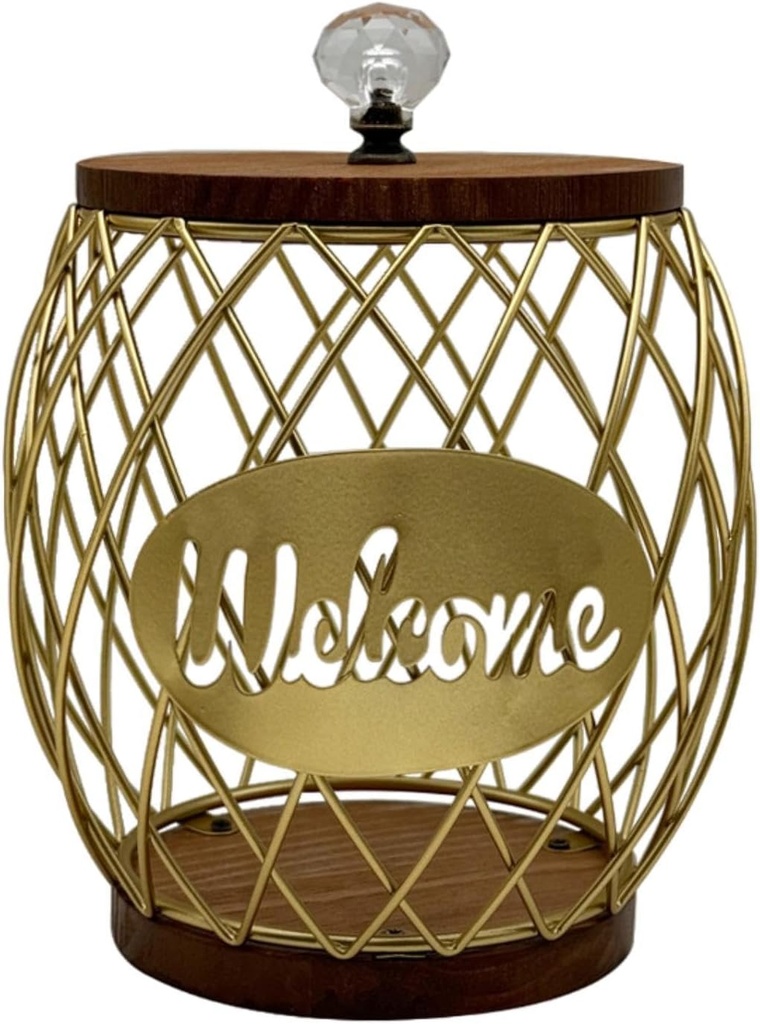 Qianly Coffee Pod Holder Coffee Capsule Basket with Wooden Lid Black Wire Organizer Coffee Pod Storage for Countertop Hotel Family, Gold