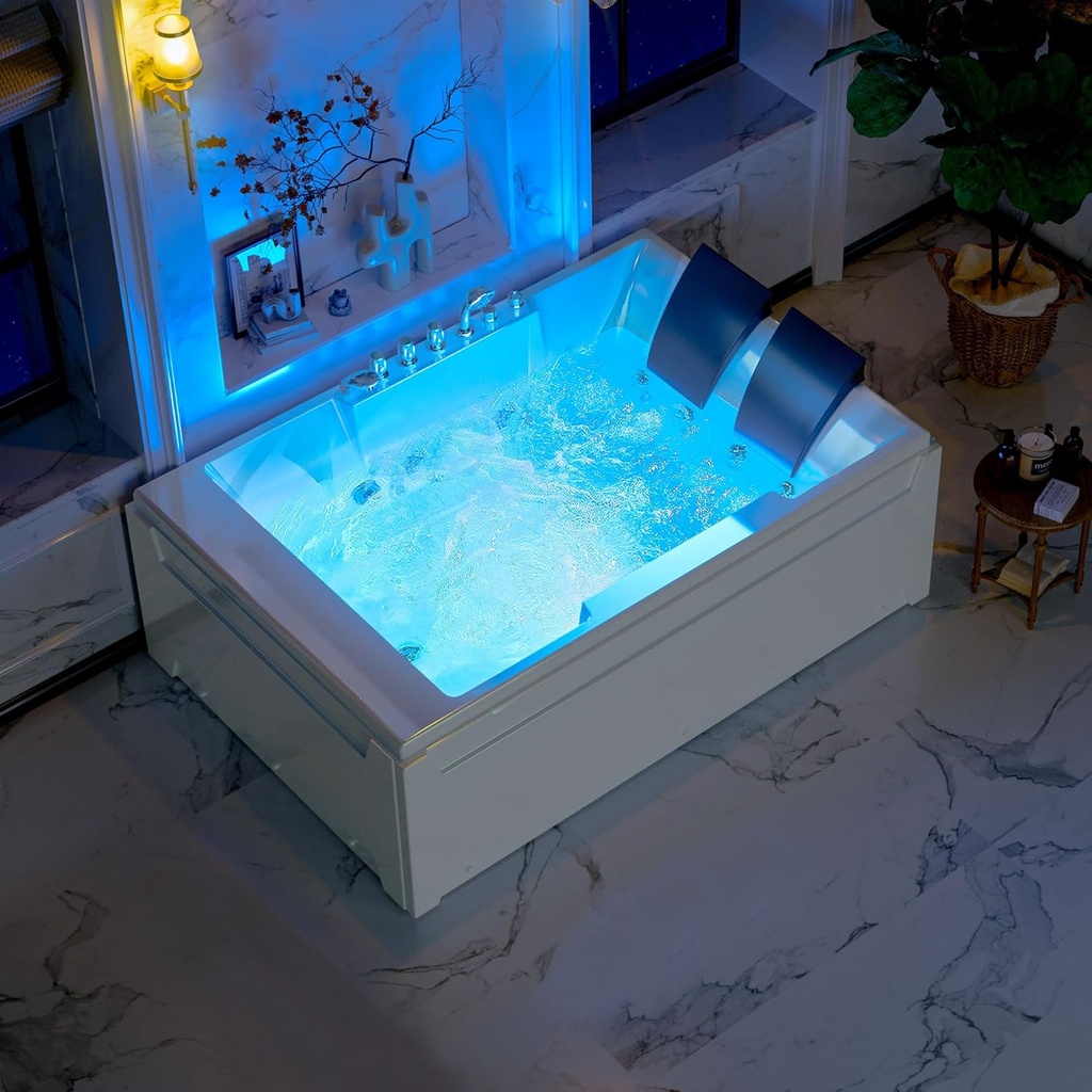 72-Inch Whirlpool Jetted Tub,Acrylic Hydro Massage Bathtub with 10 Jets, Color-Changing LED Lights,2-Person Jetted Bath Tub for Couples