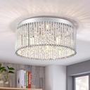 MO&OK Modern Crystal Chandeliers Ceiling Flush Mounted Luxury Chrome Finish Round Metal Shade Ceiling Chandelier Light with Cylinder Lamp Shade for Bedroom Living Room 3 G9 Bulbs Required