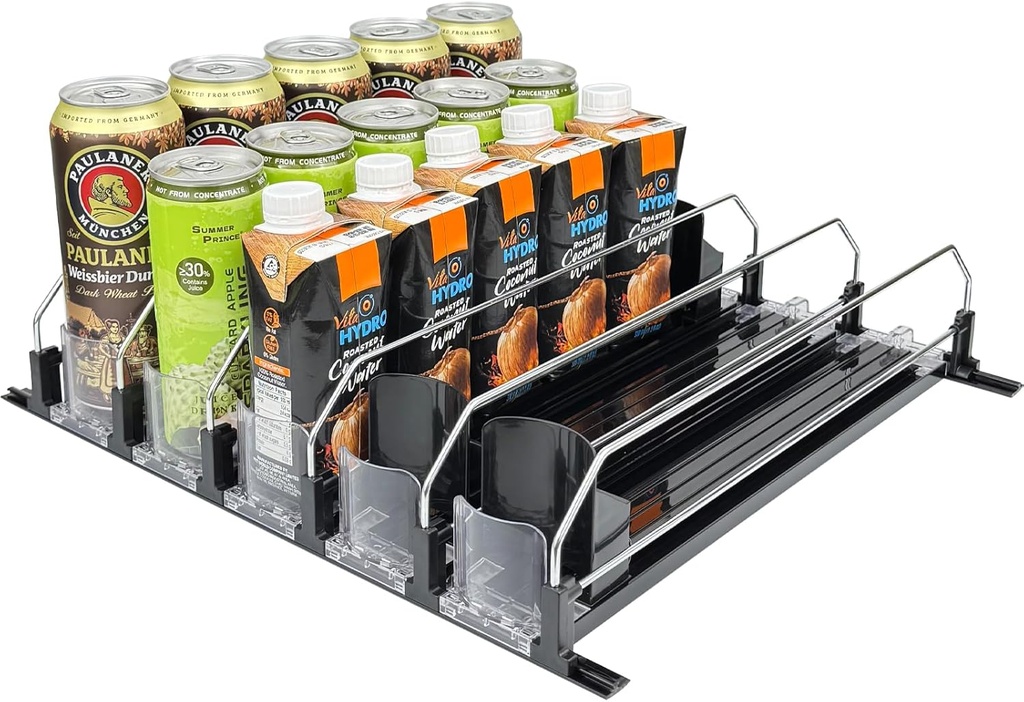 Drink Organizer for Fridge, Self Pushing Soda Can Dispenser for Refrigerator, Automatic Beverage Pusher Glide Beer Water Bottle Holder -5 Rows, Black