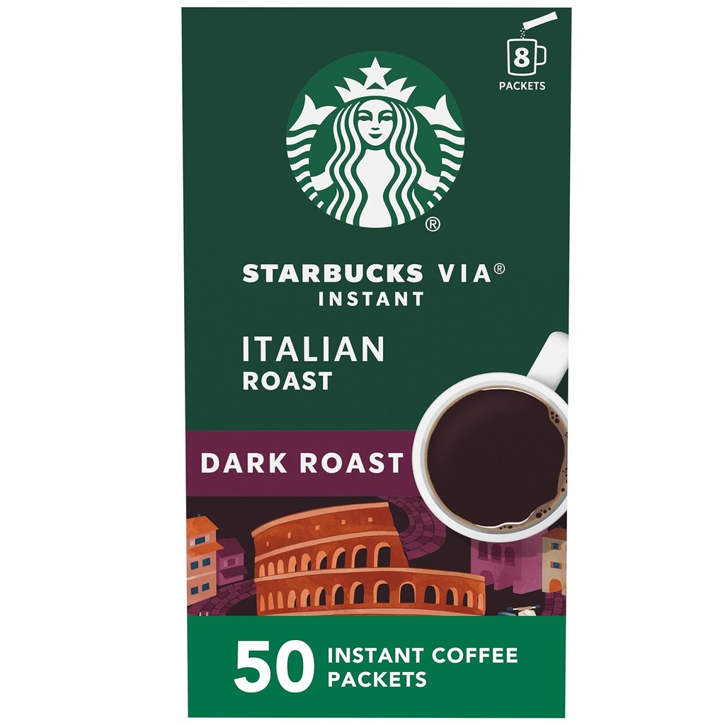 Starbucks VIA Instant Coffee, Dark Roast Coffee, Italian Roast, 100% Arabica, Single-Serve, 1 Box (50 Packets)