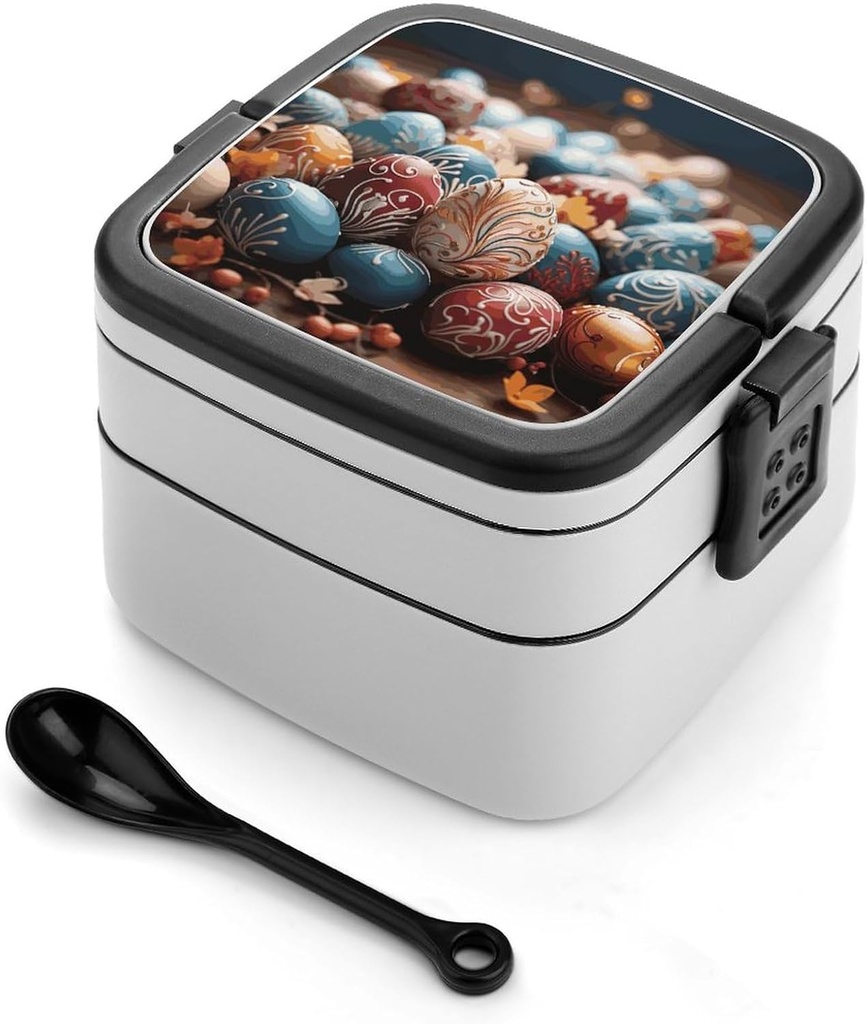 Happy Easter Bento Box Adult Lunch Box All-in-One Lunch Containers with Removable Compartments Double Layer Bento Lunch Box with Spoon And Handle Stackable Lunchbox