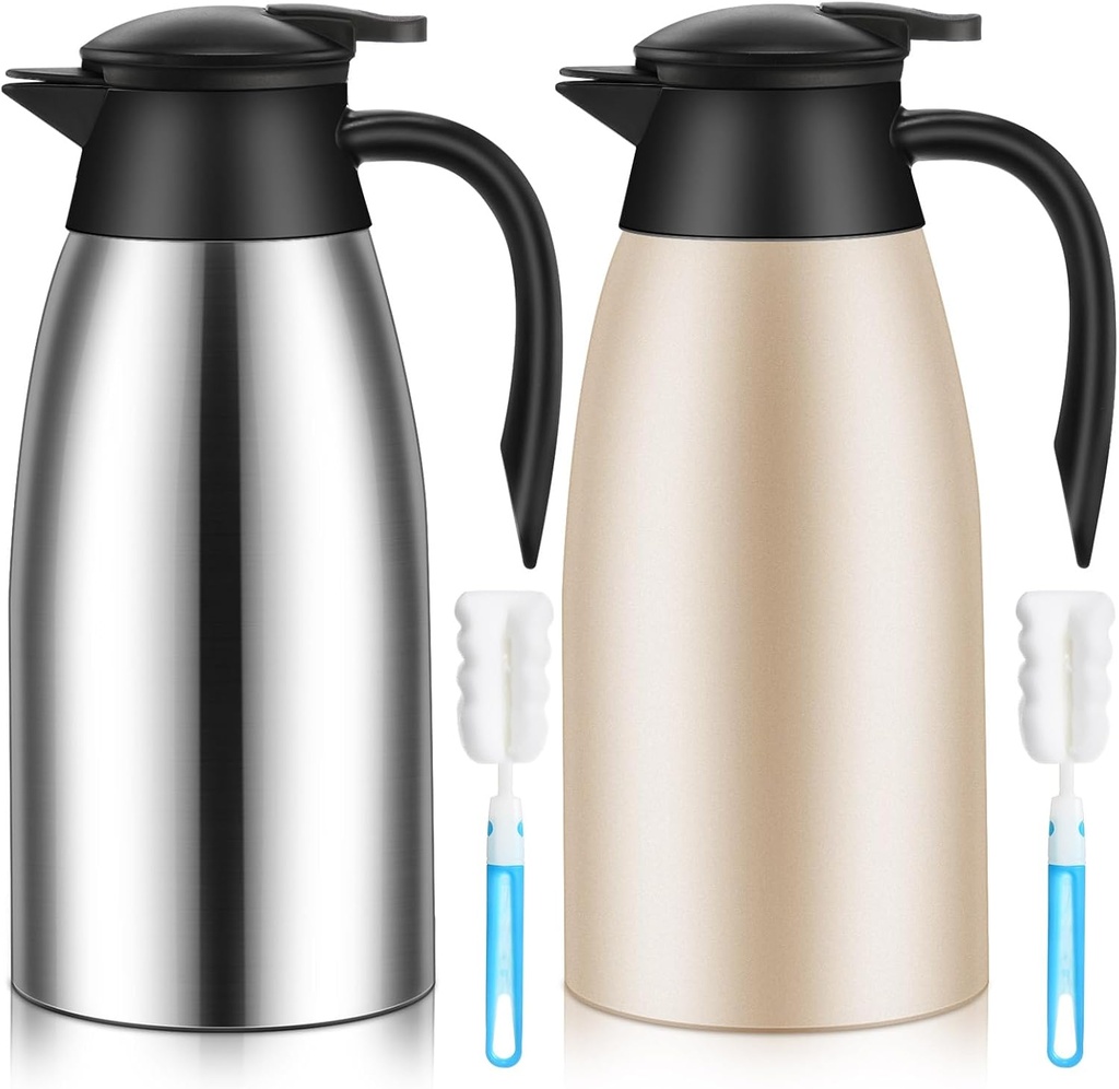Uiifan 2 Pcs 68oz Thermal Coffee Carafe Insulated Stainless Steel Coffee Carafe for Hot Liquids Double Walled Vacuum Pot Creamer Pitcher Dispenser with Brush for Keeping Milk Tea(Silver, Champagne)
