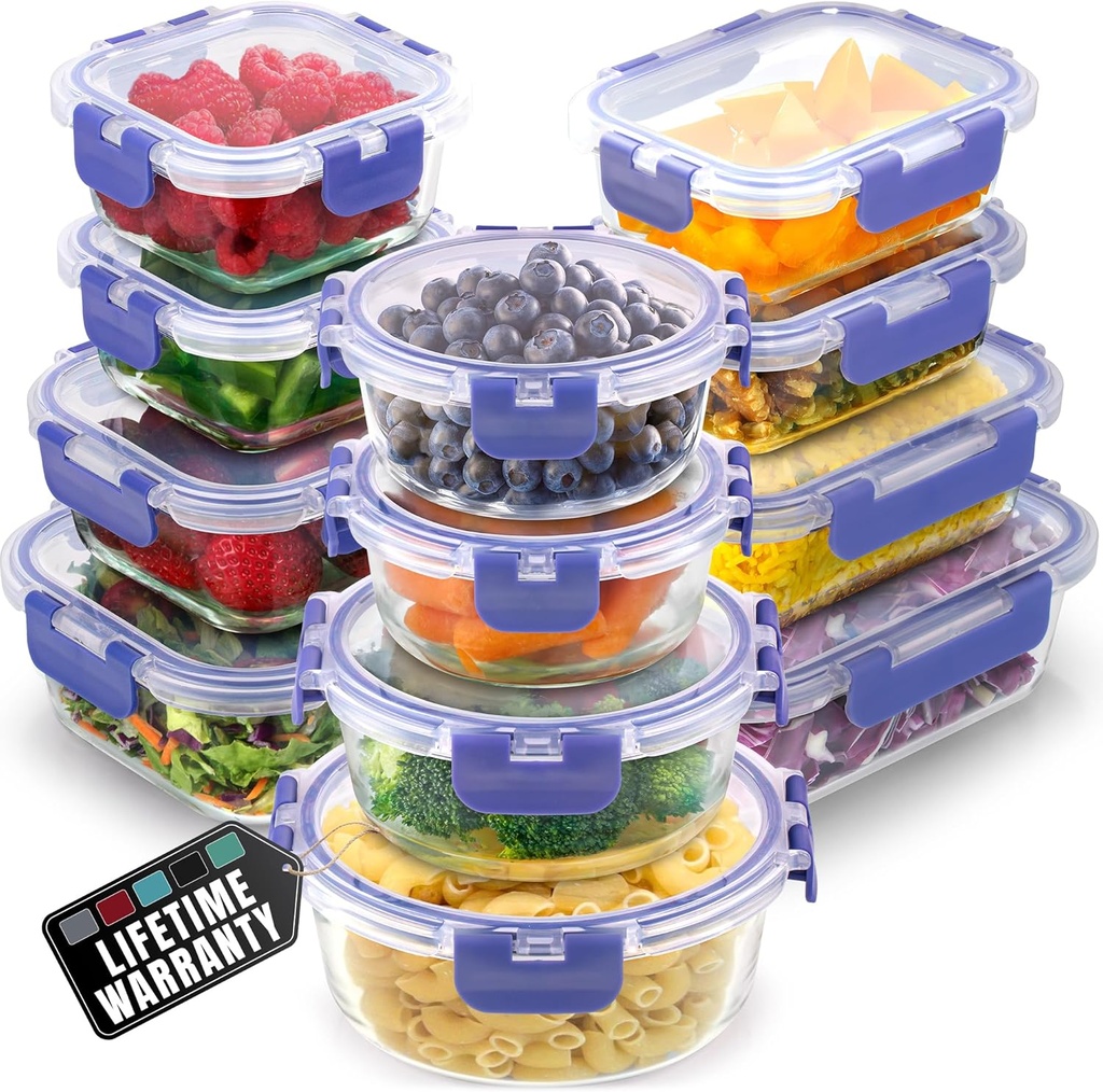 Zulay Kitchen 12 Pack Glass Meal Prep Containers with Lids - Airtight, Premium Borosilicate Glass Food Storage Containers - Microwave, Freezer & Oven Safe, BPA Free - Periwinkle