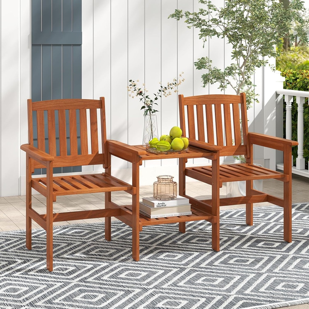 RELAX4LIFE Outdoor Loveseat with Built-in Table - Wood Patio Chairs w/Center Table & Umbrella Hole, 2-Person Garden Bench for Porch Deck Pool Balcony Backyard, 2-Seater Wooden Patio Furniture Set