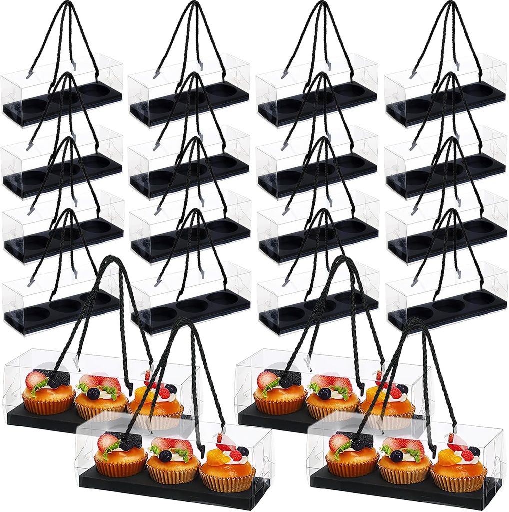 Cupcake Boxes, 20 Set Of Cupcake Packaging Boxes Cup Cake Plastic Containers For Treat Dessert Cookies Muffins Pastry Baby Shower Party, 9" X 3" X 3" (Black)