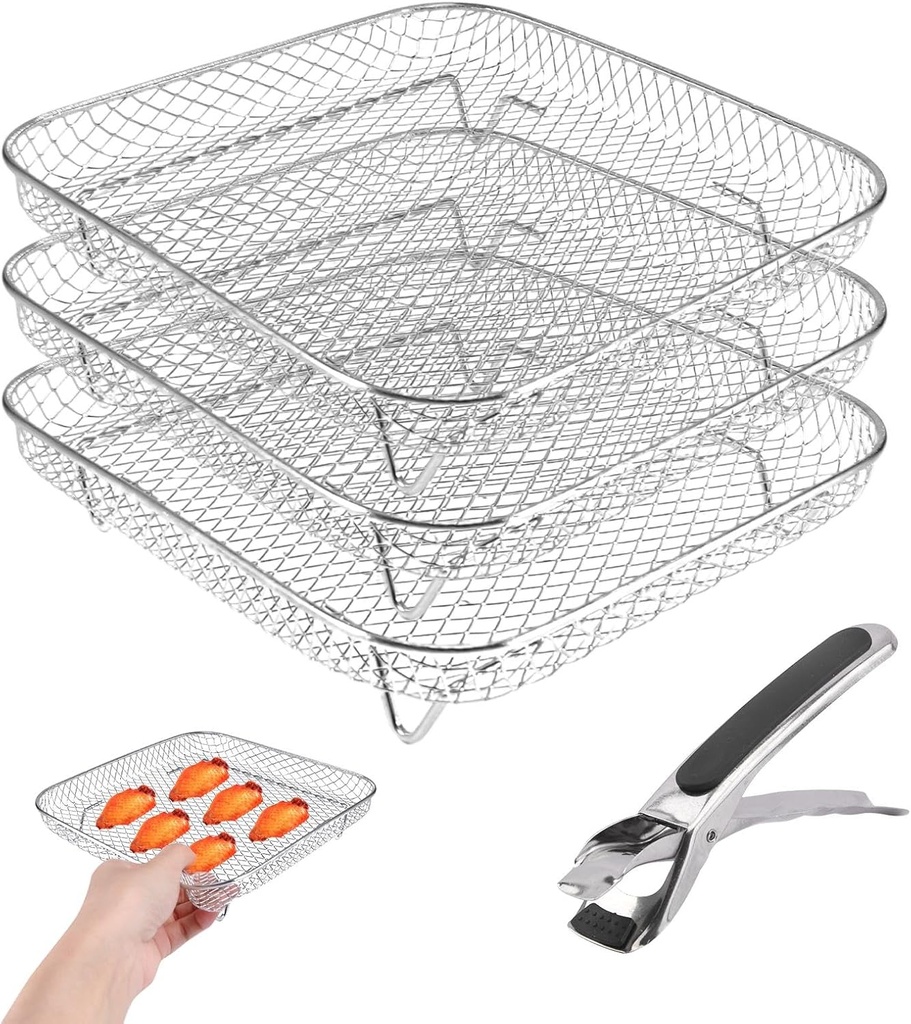 8 inch Square Air Fryer Rack,3 Layer Stainless Steel Stackable Dehydrato-r Rack with An-ti-scalding Clip,Stainless Steel Multi-Layer Dehydrato-r Rack Air fryer Accessories(Silver)