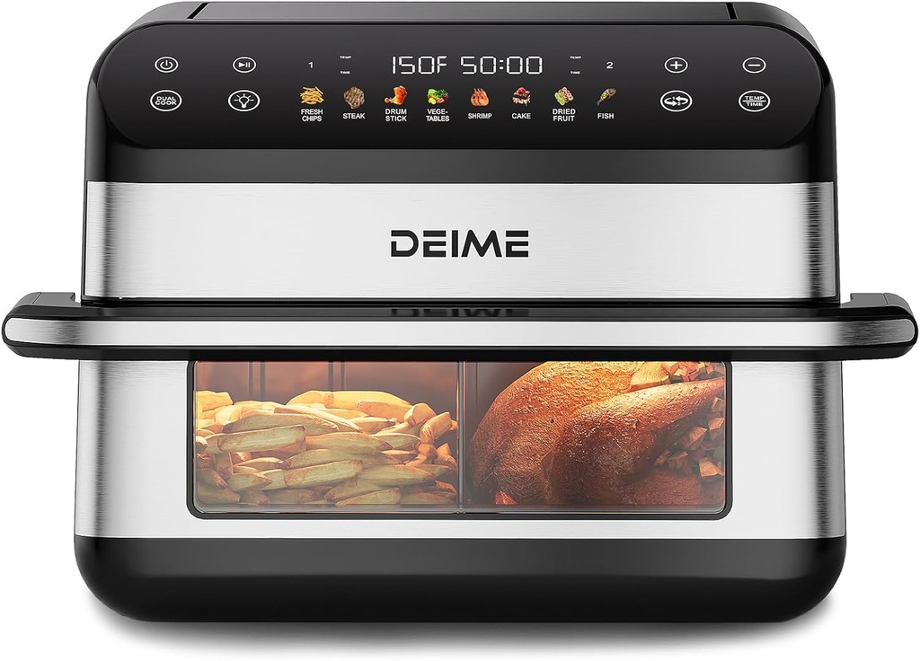 DEIME Dual Zone Air Fryer 10.6 QT Double 1800W Large Capacity Oven Air Fryers Healthy Cooker with 8 Preset, Large AirFryer for Families Visual Cooking Window, Non-Stick Basket, Included Recipe
