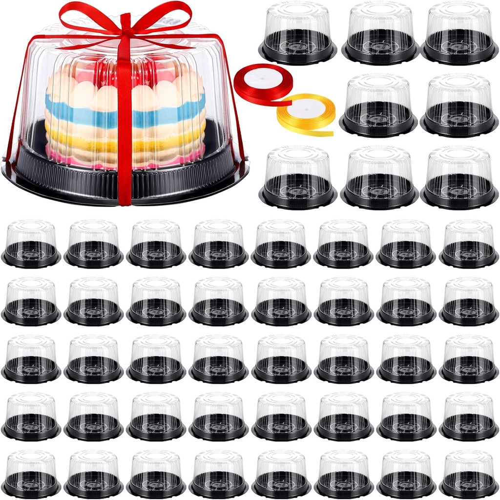 Skylety 80 Pcs 6 Inch Cake Containers with Lid and 2 Rolls Ribbons Plastic Disposable Cake Containers Black Cake Box Clear Bakery Cake Carrier with Transparent Dome Product for Cupcake Transport