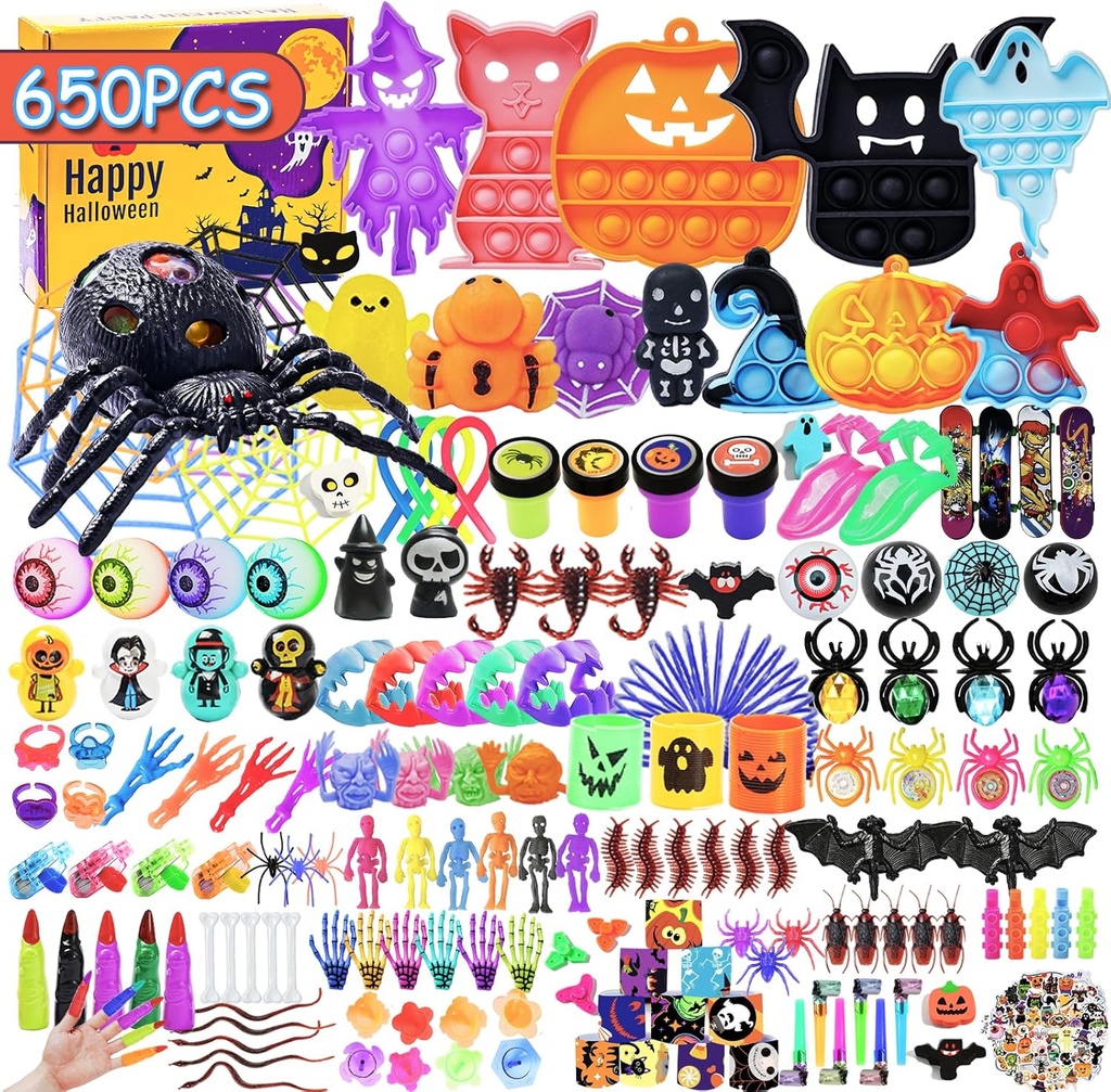 650Pcs Halloween Party Favors for Kids, Bulk Fidget Toys for Party Supplies, Halloween Treats Non Candy School Classroom Carnival Prizes, Treasure Box Toy Chest, Halloween Gifts, Goodie Bag Stuffers