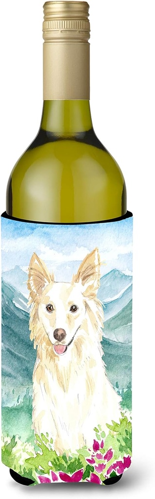 Caroline's Treasures CK2514LITERK Mountian Flowers White Collie Wine Bottle Hugger Bottle Cooler Sleeve Hugger Machine Washable Collapsible Insulator Beverage Insulated Holder